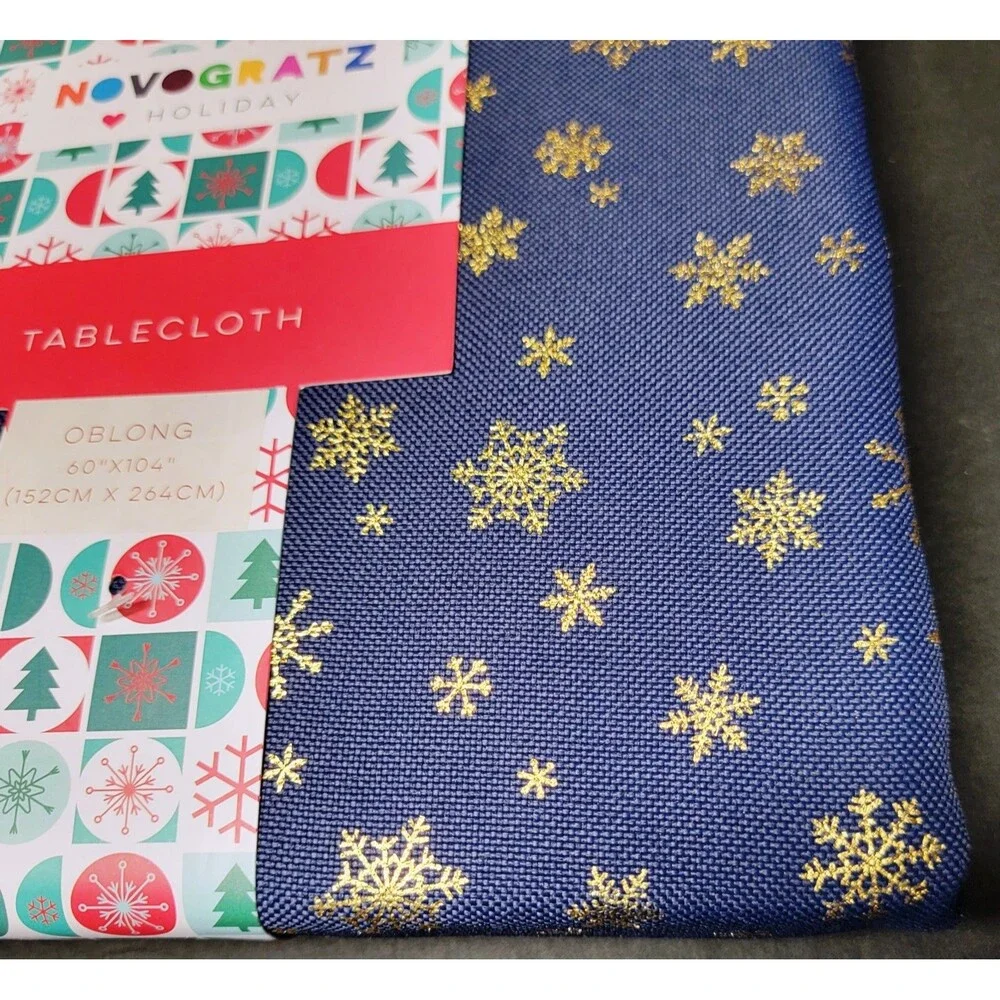 Novogratz Holiday Tablecloth Blue Gold Metallic Snowflakes 60x104 Oblong NIP NWT